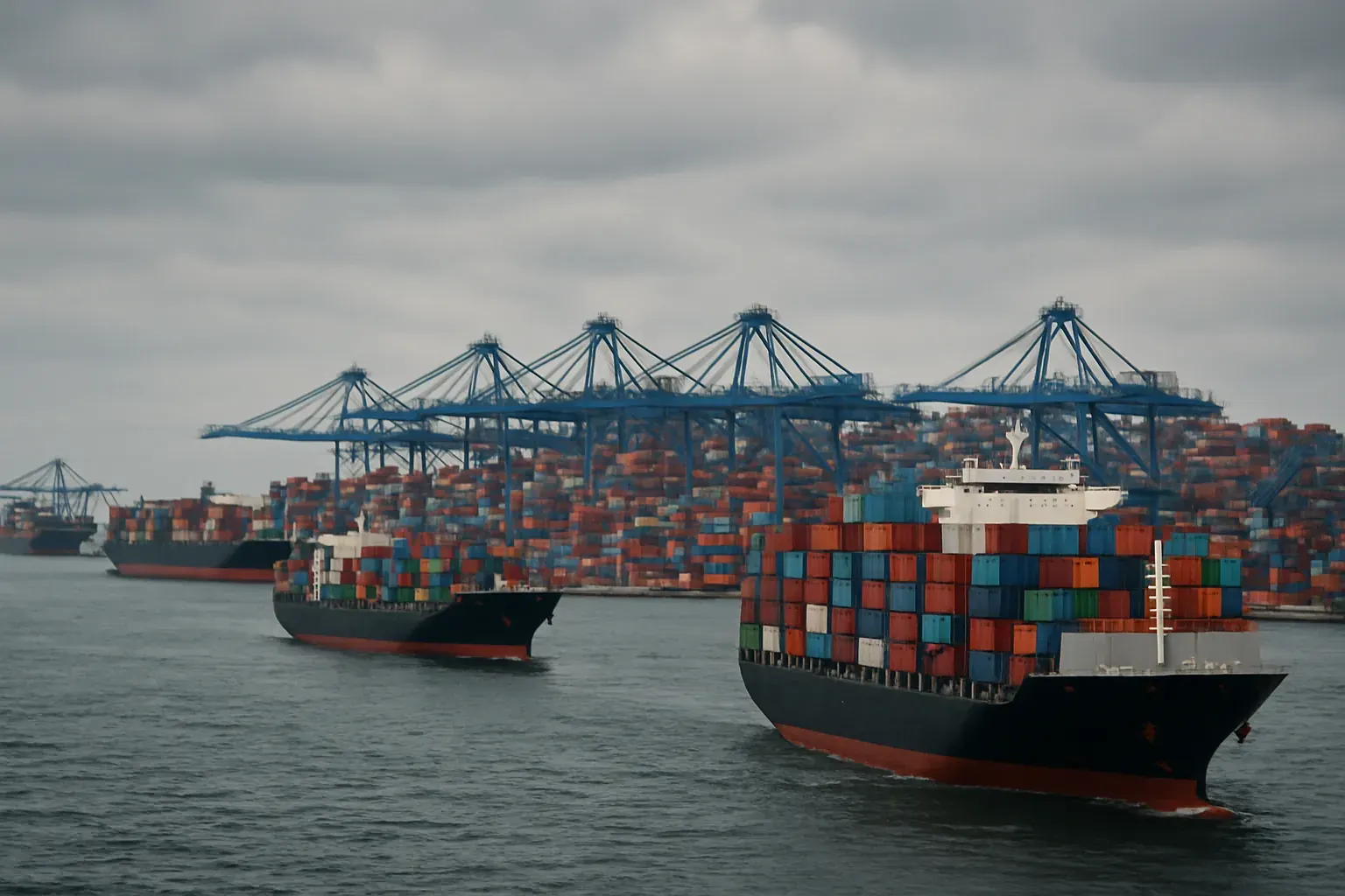 Buques portacontenedores en espera frente a un puerto congestionado