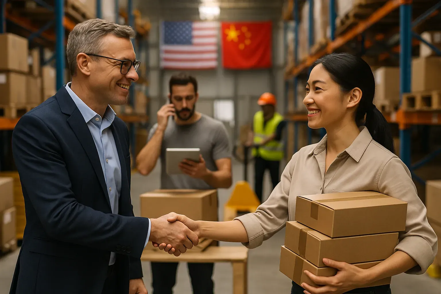 Apretón de manos entre socios comerciales en un almacén con banderas de EE. UU. y China