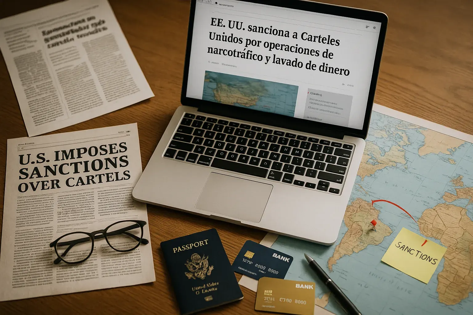 Escritorio con laptop y periódicos sobre las sanciones de EE. UU. a los carteles