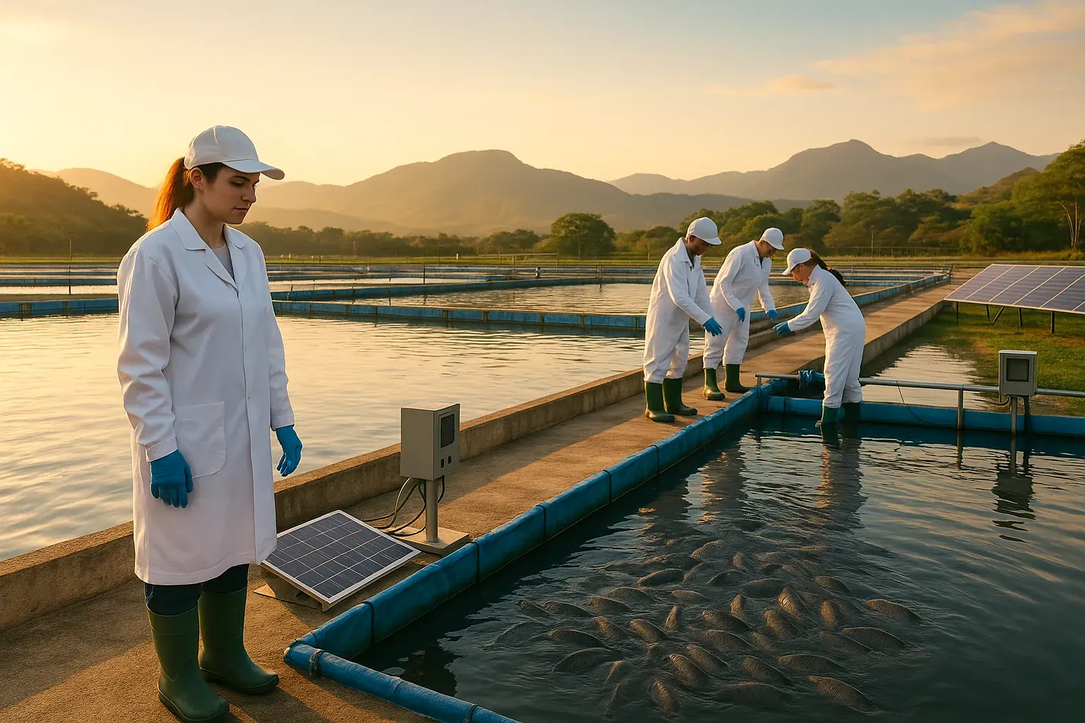 Técnicos supervisando estanques de producción de tilapia