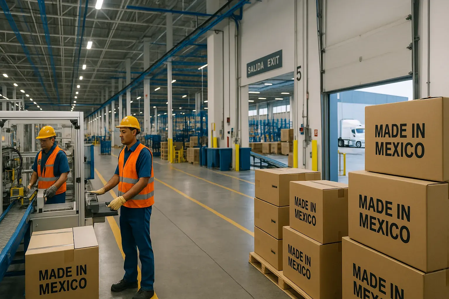 Trabajadores en una planta manufacturera con cajas Made in Mexico