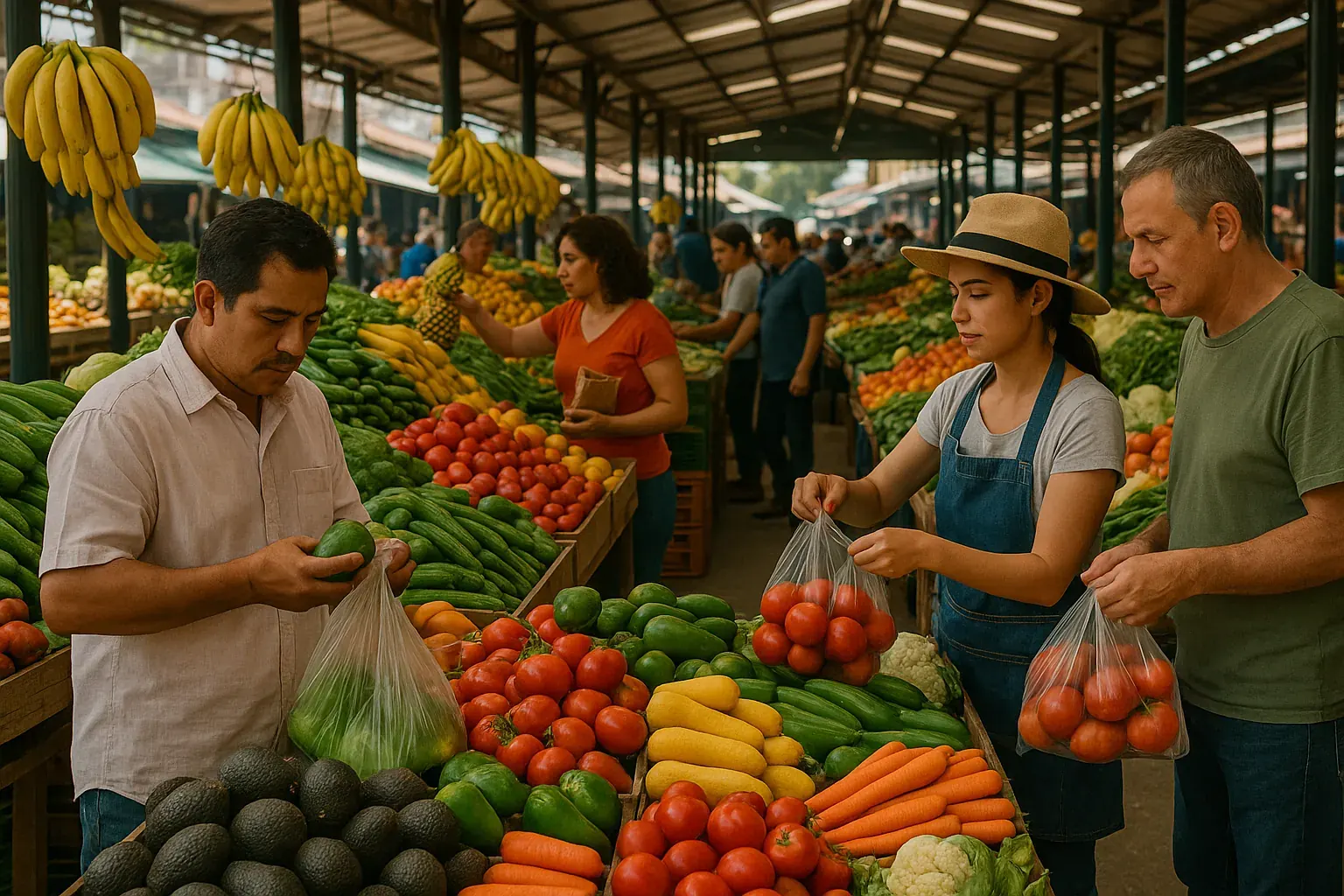 Compradores eligiendo frutas y verduras frescas en un mercado mexicano